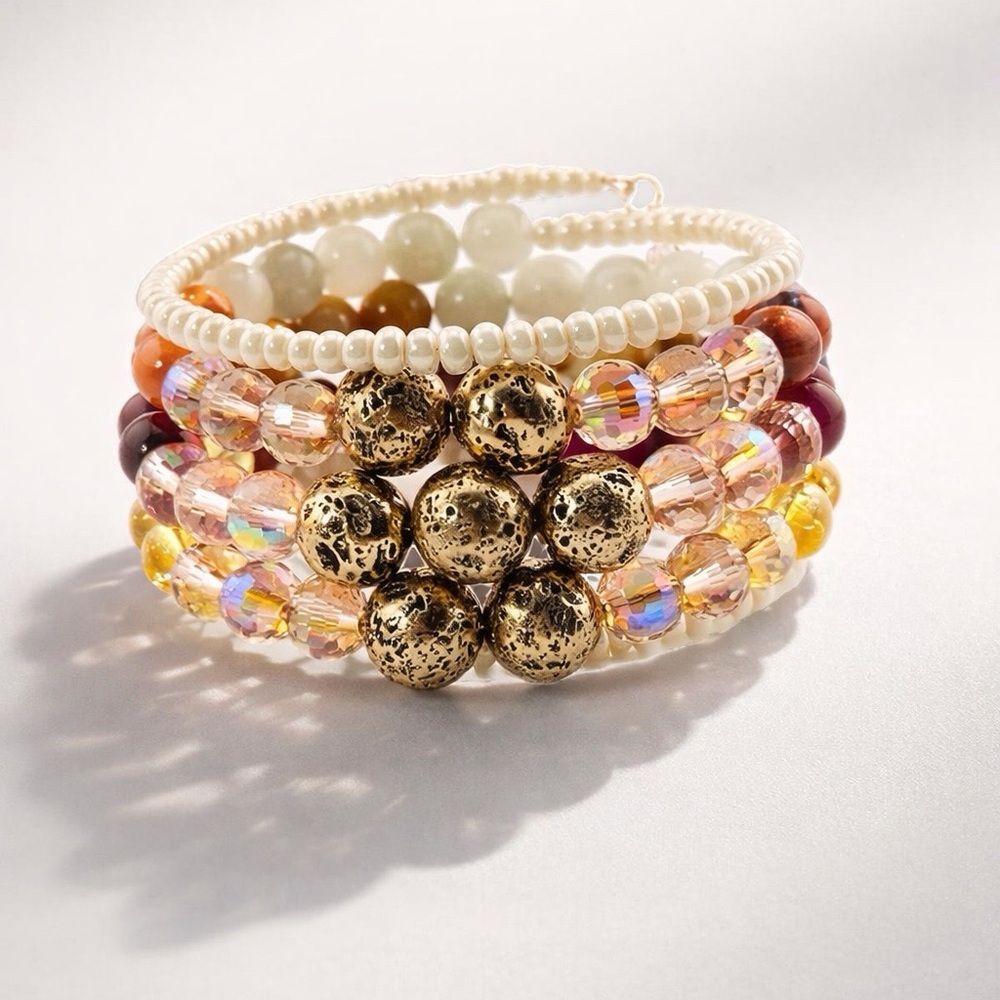 Stackable Beaded Bracelet Set - Cream & Gold - Picture 4 of 6